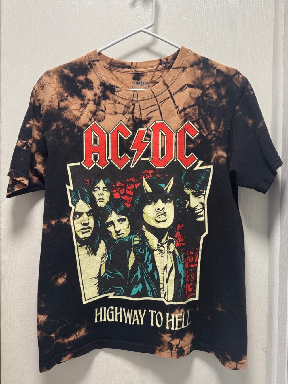AC/DC Black and Burnt Orange Tie-Dye Graphic Tee